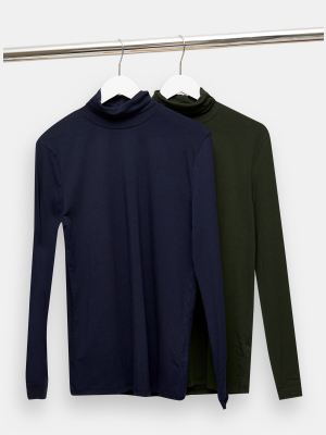 2 Green And Navy Roll Neck Sweatshirt*