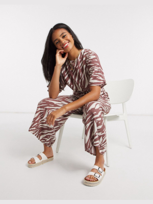 Asos Design Tie Waist Jumpsuit In Pastel Zebra Print