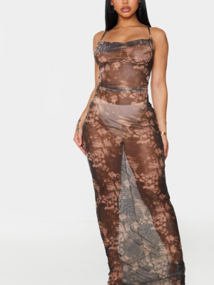 Shape Brown Tie Dye Mesh Sheer Cowl Maxi Dress