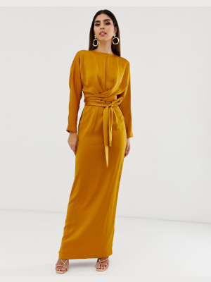 Asos Design Maxi Dress With Batwing Sleeve And Wrap Waist In Satin