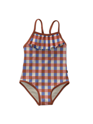 Oeuf Ruffle One Piece - Rust/gingham