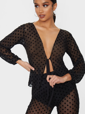 Petite Black Heart Print Mesh Tie Blouse