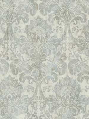 Distressed Damask Wallpaper In Plated From The Vintage Home 2 Collection By Wallquest