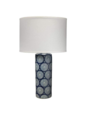 Neva Table Lamp In Blue And White Ceramic With Classic Drum Shade In White Linen