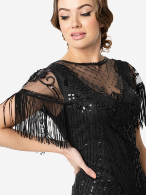 Unique Vintage Black Beaded Fringe Sleeve Nadine Flapper Dress