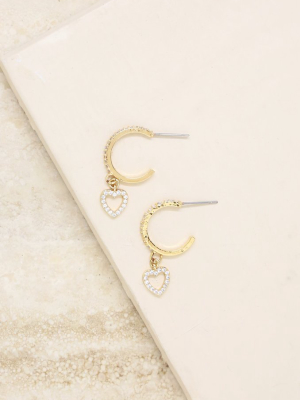 Small Crystal Heart Dangle Hoop 18k Gold Plated Earrings