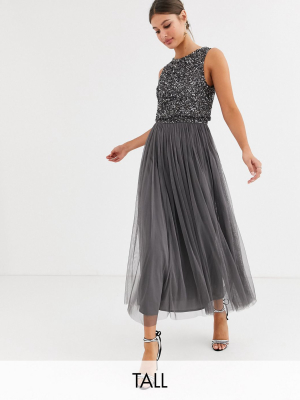 Maya Tall Bridesmaid Delicate Sequin 2 In 1 Midaxi Dress In Dark Gray