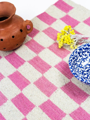 Zapotec Checkered Wool Rug - Pink + Ivory