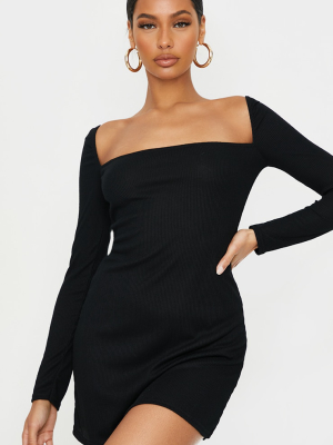 Black Rib Square Ruched Sleeve Bodycon Dress