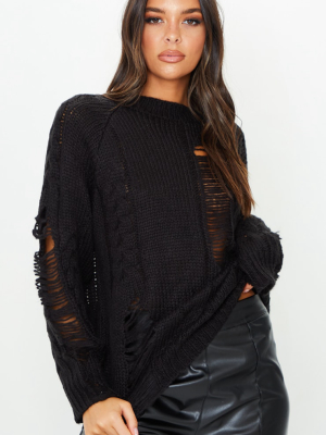 Black Distressed Cable Knit Oversized Sweater