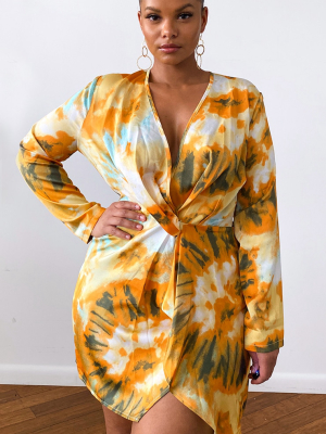 Plus Orange Tie Dye Printed Long Sleeve Wrap Dress