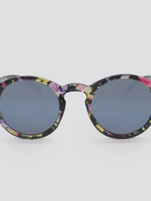 Women's Floral Print Framed Mirror Lens Round Sunglasses - A New Day™ Black