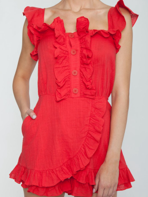 Follina Ruffle Romper - Pepper Red