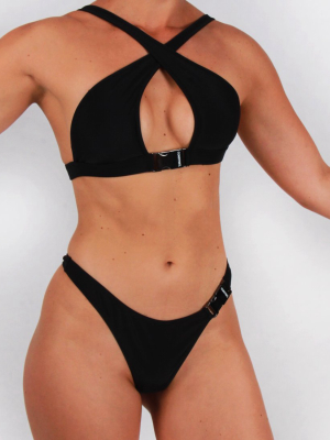 Cross Front Bikini Top With Buckle Detailing In Black