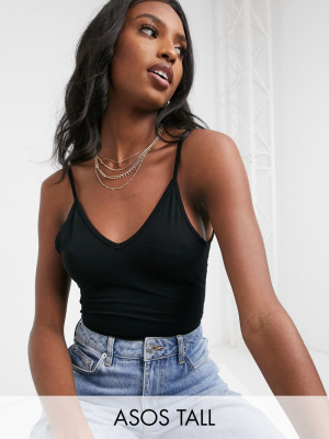 Asos Design Tall High Apex Cami Strap Bodysuit In Black