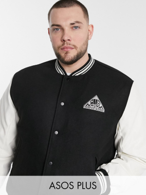 Asos Design Plus Varsity Bomber Jacket With Faux-leather Sleeves In Black And White