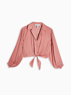 Petite Blush Pink Satin Tie Front Shirt