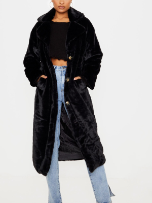 Black Maxi Faux Fur Button Front Coat