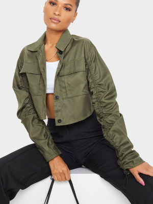 Khaki Woven Down Ruched Sleeve Jacket