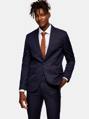 3 Piece Navy Check Skinny Fit Suit With Notch Lapels