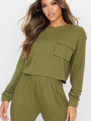 Khaki Long Sleeve Pocket Detail Waffle Knit...