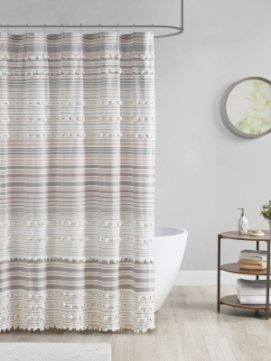 Corey Cotton Yarn Dye Shower Curtain With Pom-poms