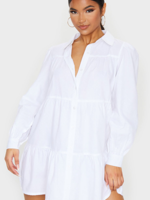 White Long Sleeve Tiered Shirt Dress