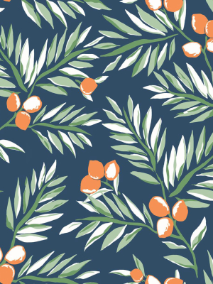 Citrus Branch Peel-and-stick Wallpaper In Navy, Sage, And Orange By Nextwall