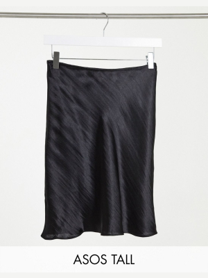 Asos Design Tall Mini High Shine Satin Slip Skirt In Black