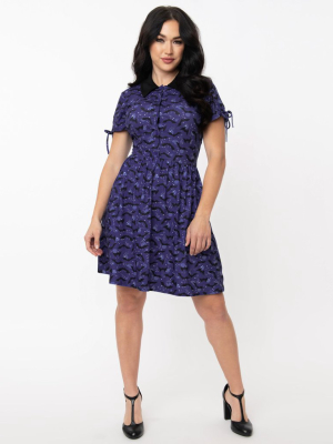 Unique Vintage Purple & Black Bats Print Brady Flare Dress