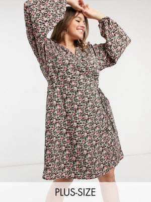 Daisy Street Plus Long Sleeve Mini Wrap Dress In Vintage Floral