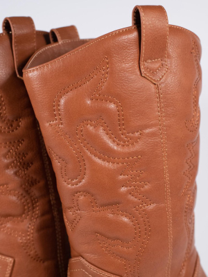 Tan Leatherette Western Cowboy Boots