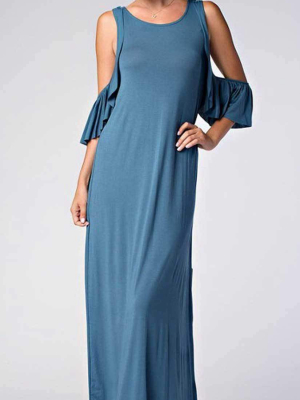 Love In Cold Shoulder Round Neck Ruffle Maxi Dress D10278