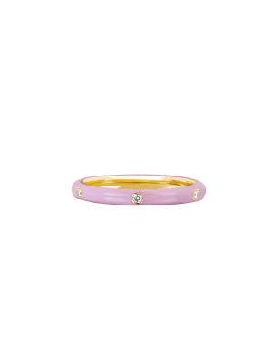 3 Diamond Light Pink Enamel Stack Ring - Yellow Gold
