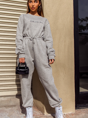 Prettylittlething Grey Embroidered Sweat Jumpsuit