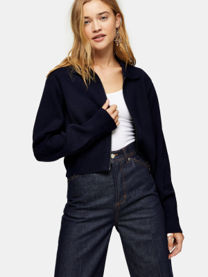 Navy Polo Bomber Knitted Cardigan