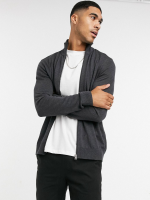 Selected Homme Zip Through Knitted Cardigan In Dark Gray