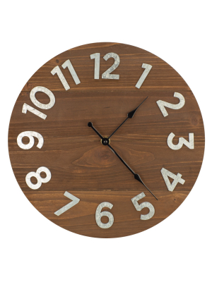 12" Frameless Rustic Walnut Wood Plank Wall Clock With Galvanized Metal Numbers Walnut - Patton Wall Decor