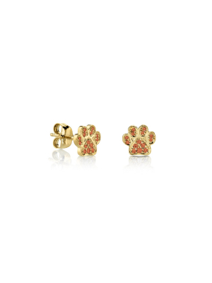Small Paw Stud Earrings With Orange Sapphires