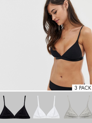 Asos Design 3 Pack Jersey Triangle Bra In Black White & Gray