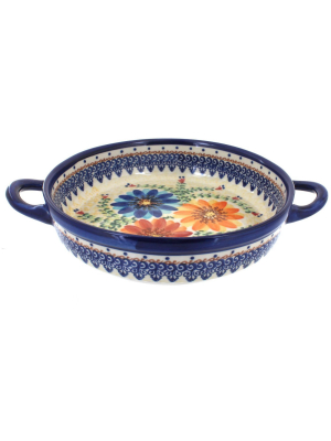 Blue Rose Polish Pottery Autumn Burst Small Round Baker With Handles