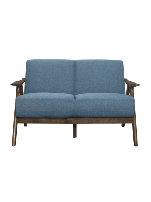 Lexicon 1138bu-2 Damala Collection Retro Inspired Love Seat Couch, Polyester Fabric, Walnut Frame, Blue