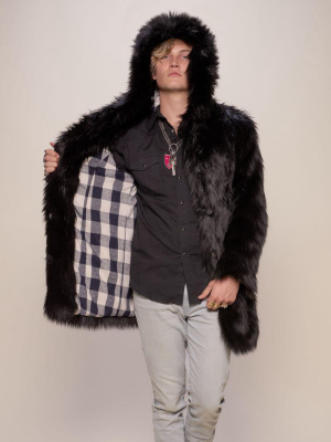 Black Wolf Plaid Hooded Faux Fur Coat | Men's