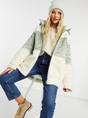 Asos Design Quilted Fleece Puffer Jacket In Sage And Cream