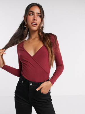 Asos Design Deep V Wrap Top In Burgundy