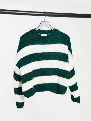 Asos Design Crew Neck Boxy Sweater With Multi Stripes In Green