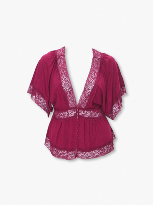 Plus Size Buttoned Lace-trim Top