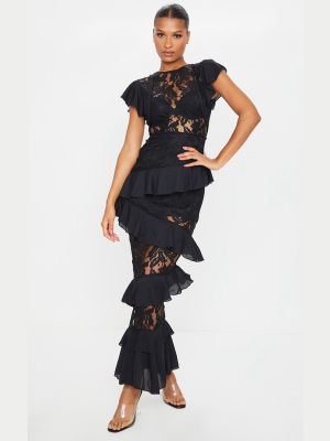 Black Lace Ruffle Detail Maxi Dress