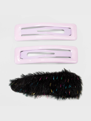 Pink And Black Epoxy And Faux Fur Snaps Hair Clips And Pins 3pc - Wild Fable™