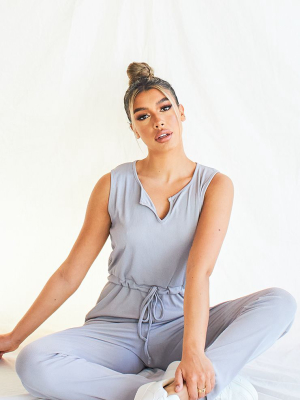 Grey Marl V Neck Tie Waist Rib Jumpsuit